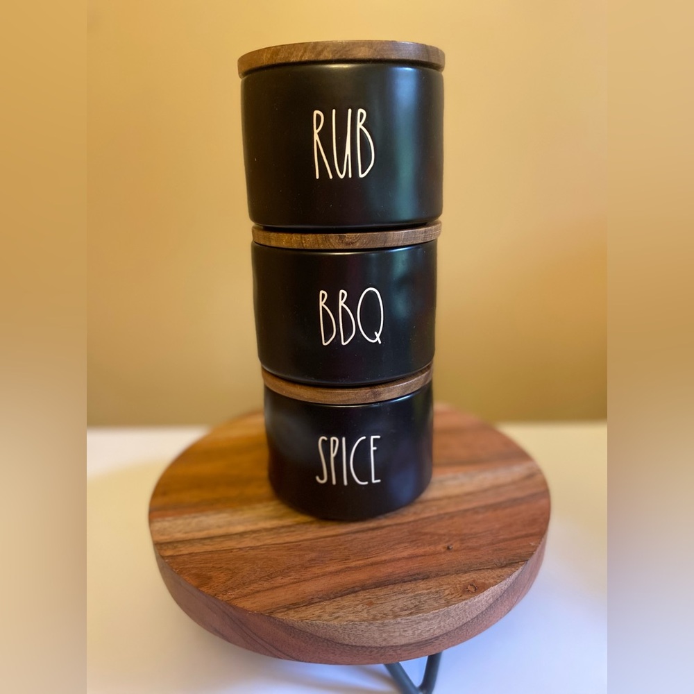 NWT Rae Dunn Tower of 3 Mini Stackable with Wooden Lids “BBQ” “Rub” “Spice”